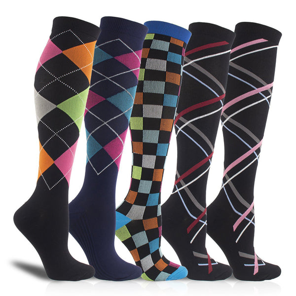 5 Pairs Knee-High Compression Socks for Men & Women, Lozenge Pattern Black Sports Stockings for Travel, Flights & Cycling