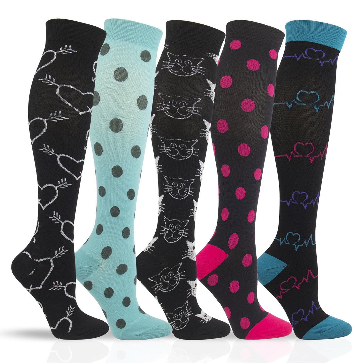 5 Pairs Kitten Pattern Knee-High Compression Socks for Travel, Flight, and Pregnancy – Unisex Sports Stockings
