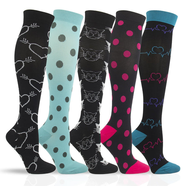 5 Pairs Kitten Pattern Knee-High Compression Socks for Travel, Flight, and Pregnancy – Unisex Sports Stockings