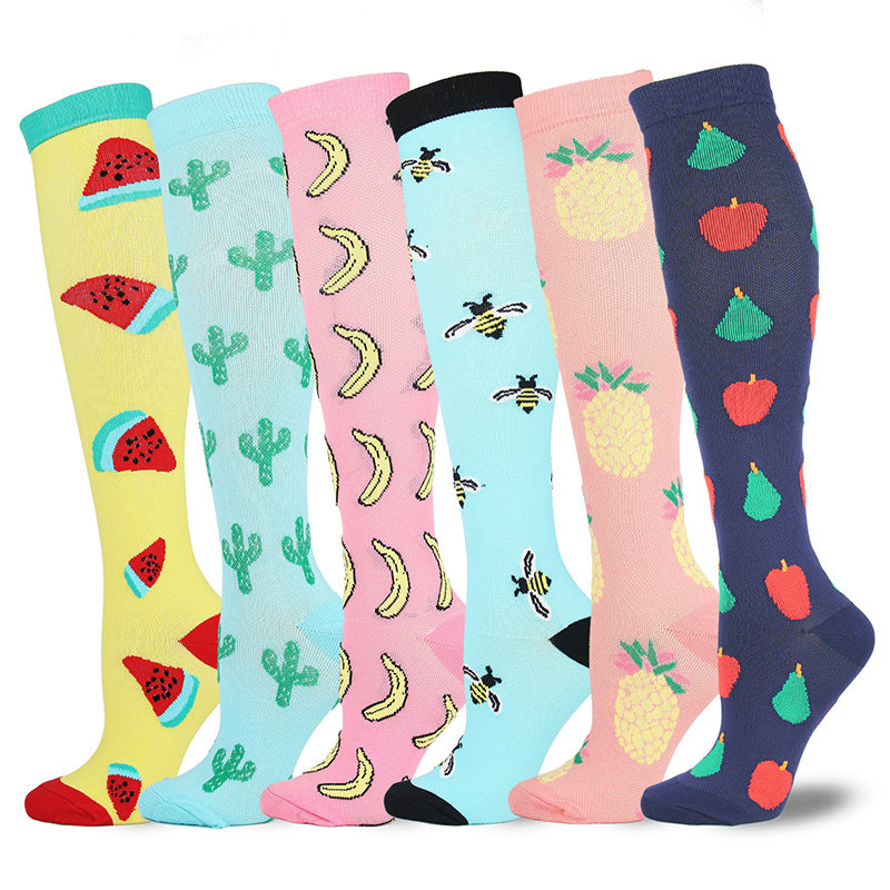 6 Pairs Knee-High Compression Socks Fruits Bee Cactus Pattern Sports Stockings for hiking outdoor activities pregnant