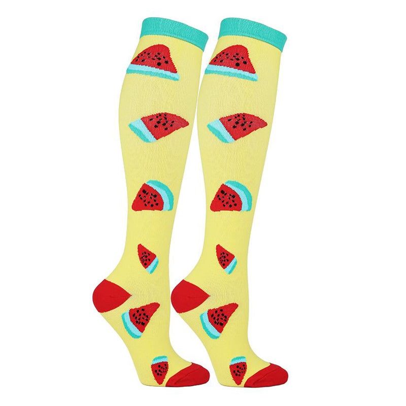 6 Pairs Knee High Compression Socks – Fruit Pattern Sports Stockings for Flight Travel, Running & Athletics