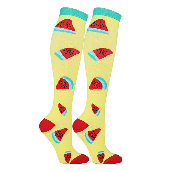 Knee High Compression Socks – Fruit Pattern Sports Stockings for Flight Travel, Running & Athletics