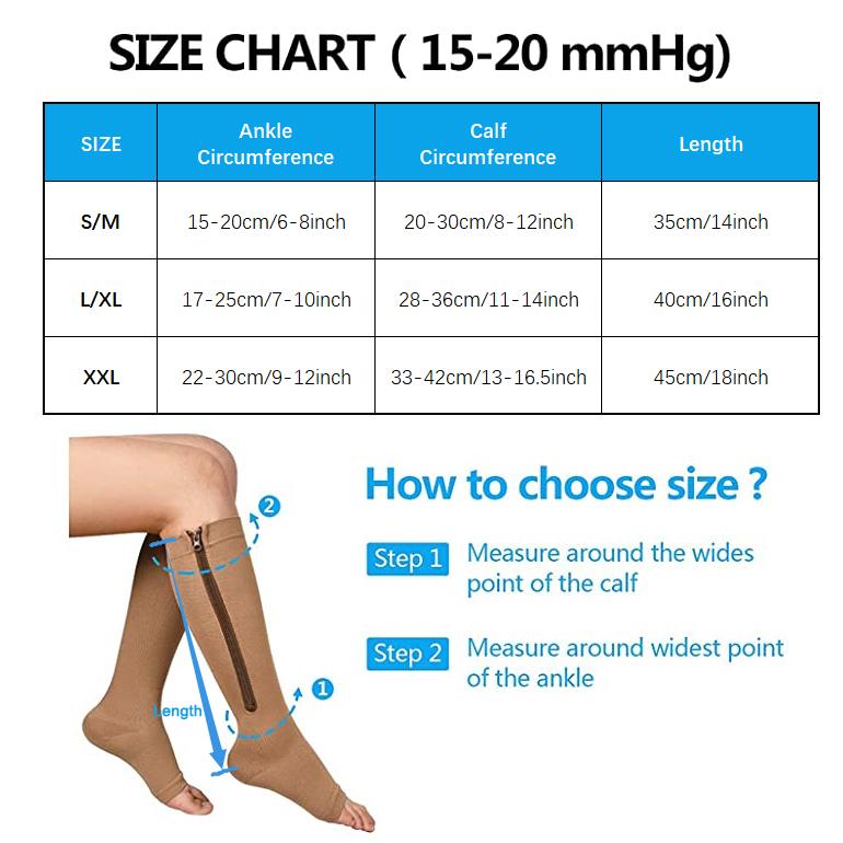 15-20 mmHg Zipper Open Toe Compression Socks for Men & Women - Calf Support Stockings
