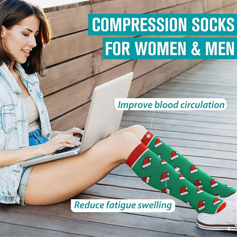 5 Pairs Knee-High Compression Socks Sports Stockings Flight Sock Christmas Tree Santa Claus Deer Pattern