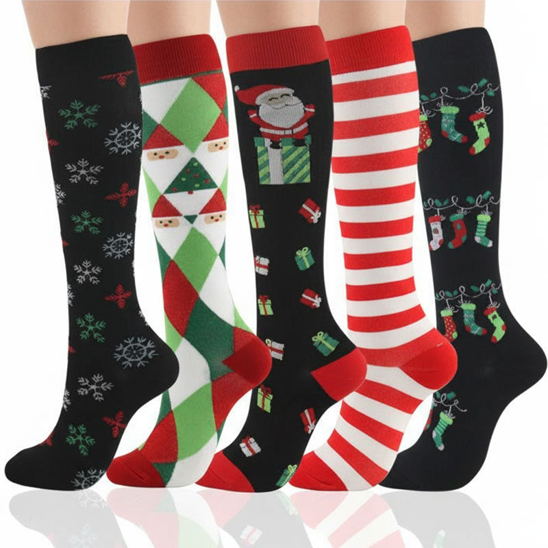5 Pairs Knee-High Compression Socks Sports Stockings Flight Sock Christmas Tree Santa Claus Deer Pattern