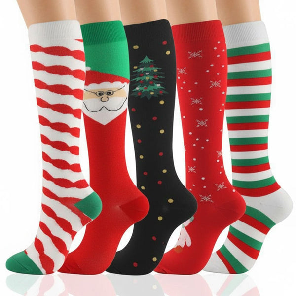 5 Pairs Knee-High Compression Socks Sports Stockings Flight Sock Christmas Tree Santa Claus Deer Pattern