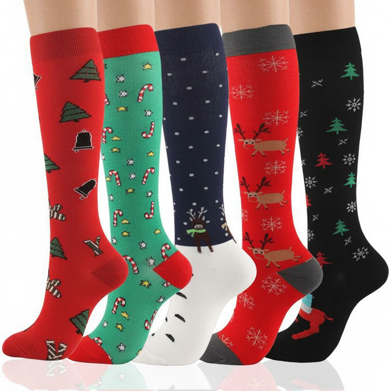 5 Pairs Knee-High Compression Socks Sports Stockings Flight Sock Christmas Tree Santa Claus Deer Pattern