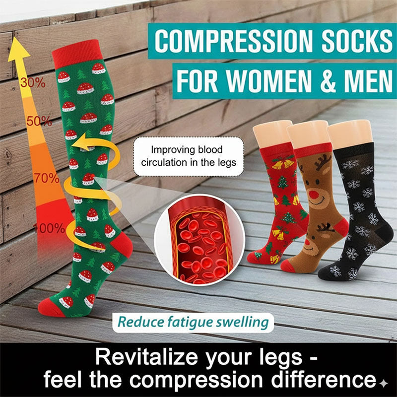 5 Pairs Knee-High Compression Socks Sports Stockings Flight Sock Christmas Tree Santa Claus Deer Pattern