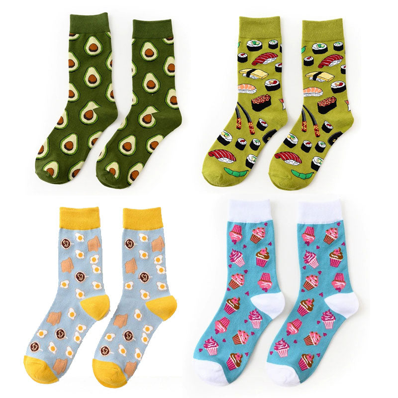 4 Pairs Happy Funny Cotton Crew Socks with Food Fruit Pattern