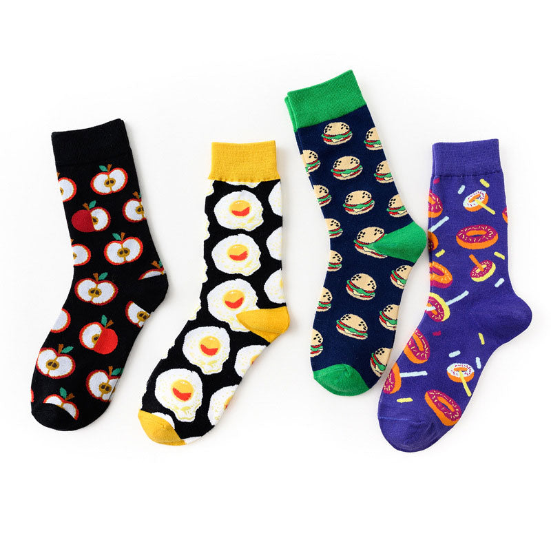4 Pairs Happy Funny Cotton Crew Socks with Food Fruit Pattern