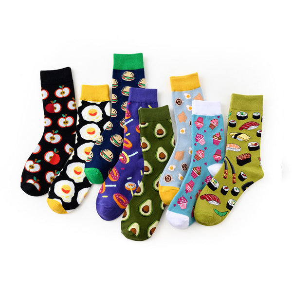 4 Pairs Happy Funny Cotton Crew Socks with Food Fruit Pattern