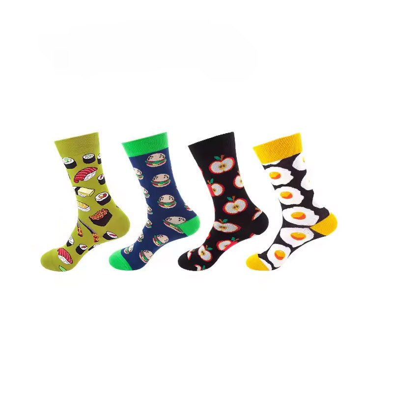 4 Pairs Happy Funny Cotton Crew Socks with Food Fruit Pattern