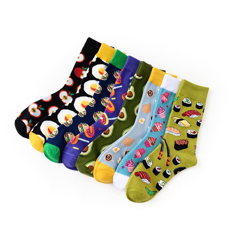 4 Pairs Happy Funny Cotton Crew Socks with Food Fruit Pattern