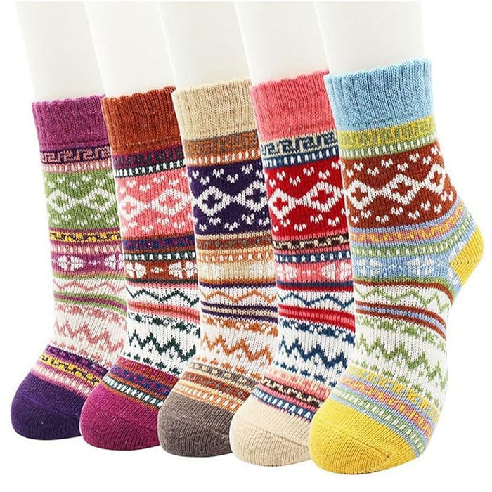 5 Pairs Women's Wool Crew Socks Striped Pattern Thick Warm Winter