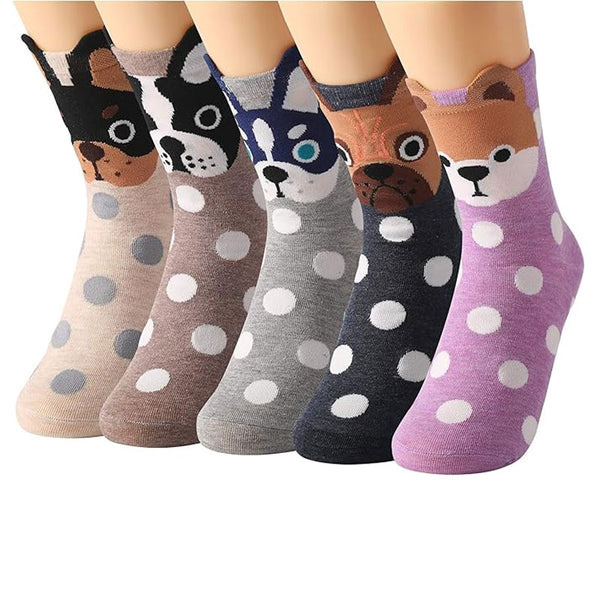 5 Pairs Womens Cute Animal Casual Socks, Girls Fun Cozy Cat Dogs Sock