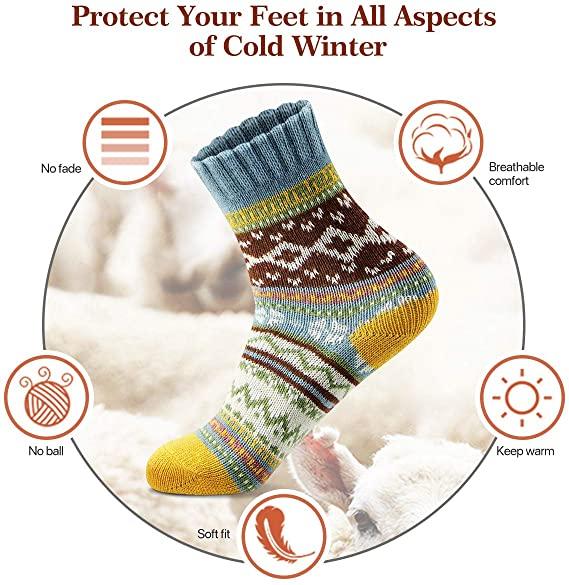 5 Pairs Women's Wool Crew Socks Striped Pattern Thick Warm Winter