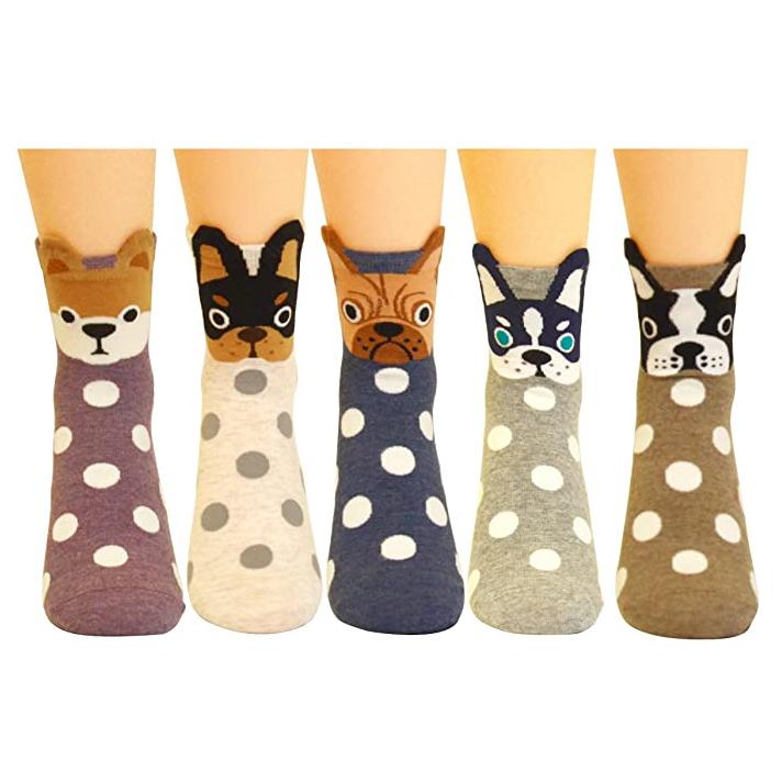 5 Pairs Womens Cute Animal Casual Socks, Girls Fun Cozy Cat Dogs Sock