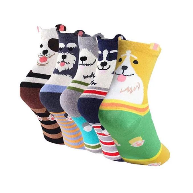 5 Pairs Women Socks Cute Dog Patterns Animal Themed Cotton Crew Socks