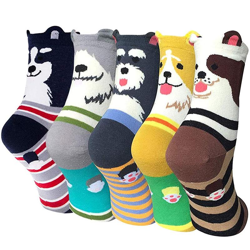 5 Pairs Women Socks Cute Dog Patterns Animal Themed Cotton Crew Socks