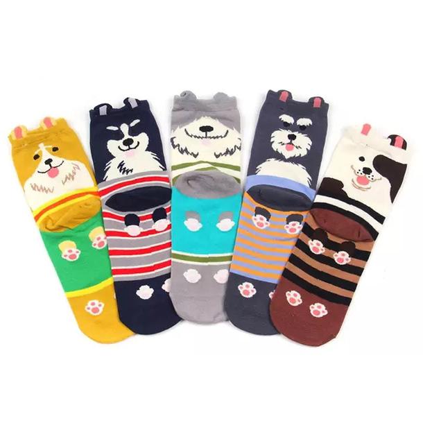 5 Pairs Women Socks Cute Dog Patterns Animal Themed Cotton Crew Socks