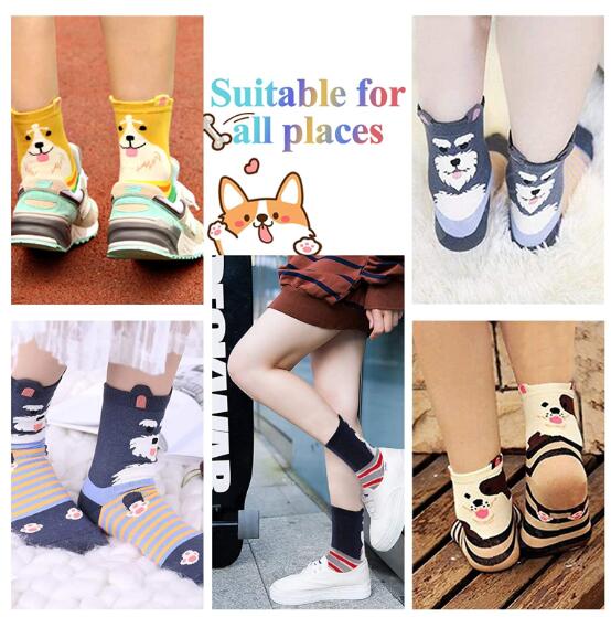 5 Pairs Women Socks Cute Dog Patterns Animal Themed Cotton Crew Socks