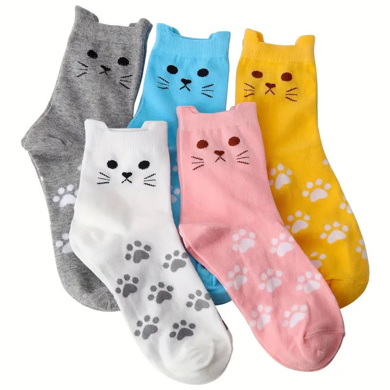 5 Pairs Women’s Cute Cat Paw Socks – Cartoon 3D Ear Cotton Mid-Calf Socks for Everyday Wear