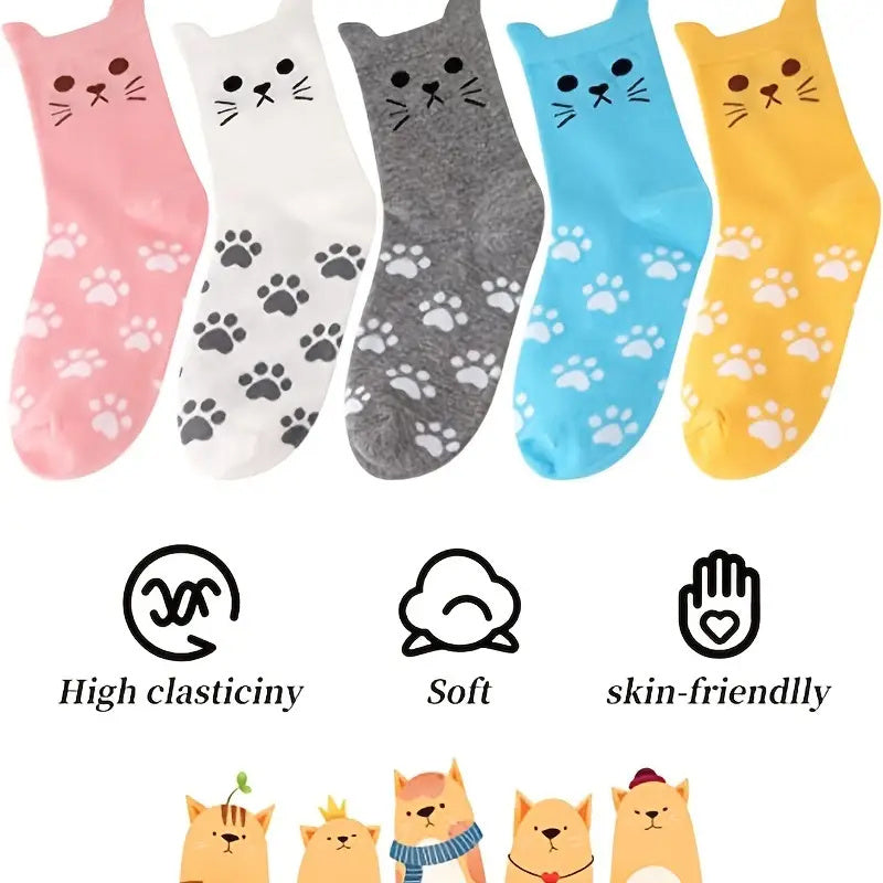 5 Pairs Women’s Cute Cat Paw Socks – Cartoon 3D Ear Cotton Mid-Calf Socks for Everyday Wear