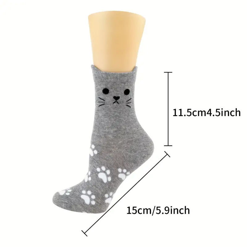 5 Pairs Women’s Cute Cat Paw Socks – Cartoon 3D Ear Cotton Mid-Calf Socks for Everyday Wear