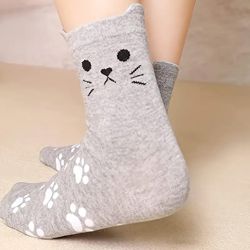 5 Pairs Women’s Cute Cat Paw Socks – Cartoon 3D Ear Cotton Mid-Calf Socks for Everyday Wear