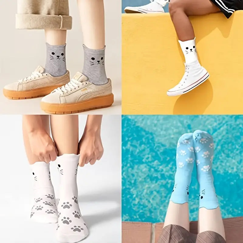 5 Pairs Women’s Cute Cat Paw Socks – Cartoon 3D Ear Cotton Mid-Calf Socks for Everyday Wear