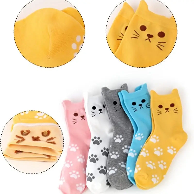 5 Pairs Women’s Cute Cat Paw Socks – Cartoon 3D Ear Cotton Mid-Calf Socks for Everyday Wear