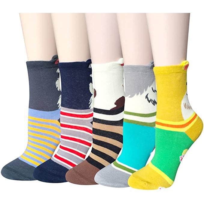 5 Pairs Women Socks Cute Dog Patterns Animal Themed Cotton Crew Socks