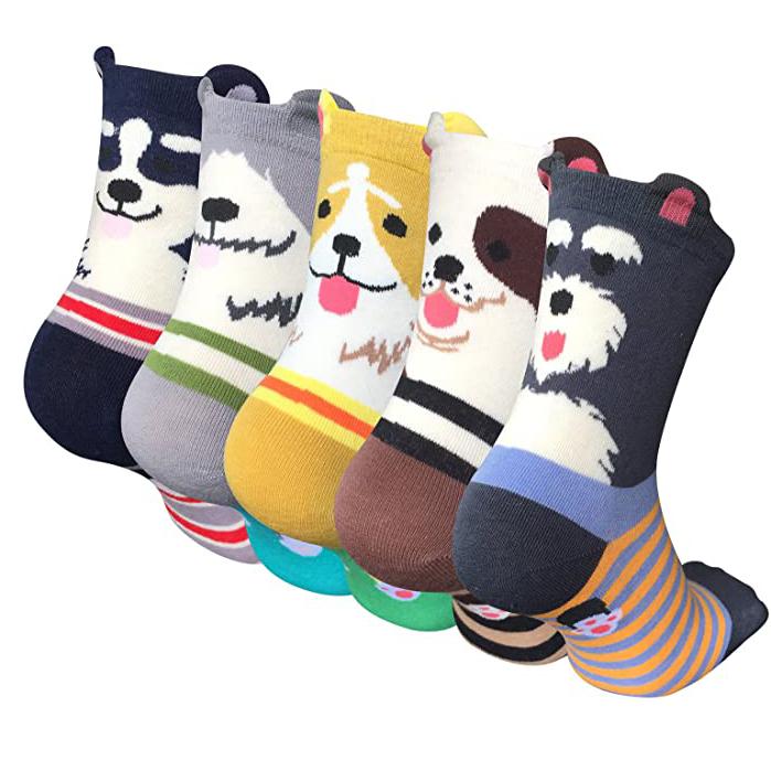 5 Pairs Women Socks Cute Dog Patterns Animal Themed Cotton Crew Socks
