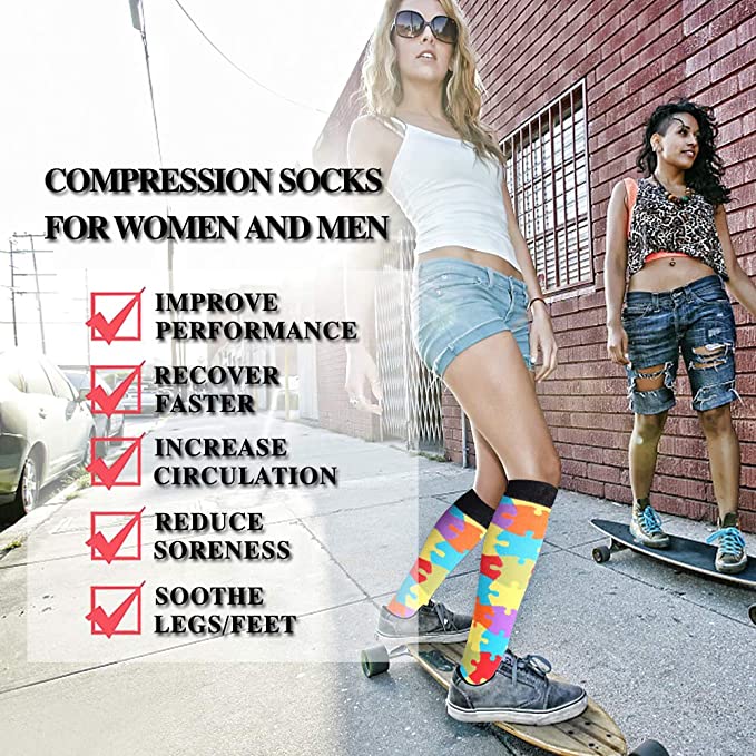 3 Pairs Compression Socks for Women & Men Travel Flight Socks Colorful Knee-High Support Recovery