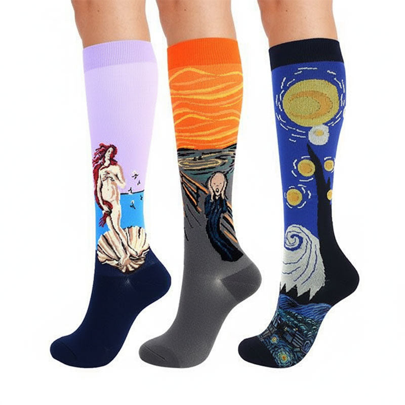 3 Pairs Artwork Painting Compression Socks Graduated Support for Faster Recovery Travel Flight