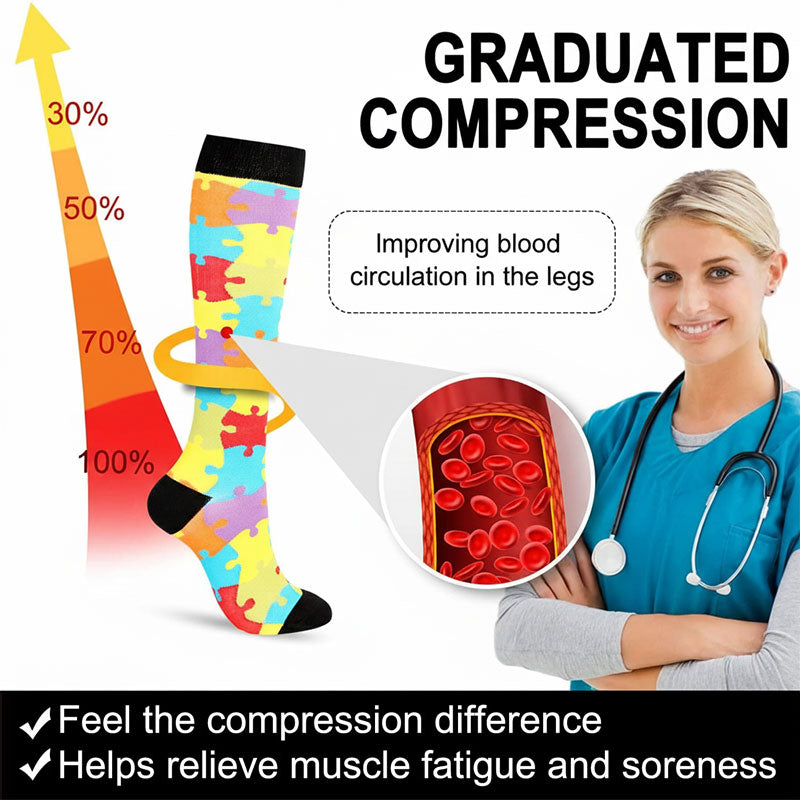 Knee High Compression Socks for Women & Men – Puzzle Pattern Sports Nylon Stockings for Travel, Flight, Hiking & Outdoor Use