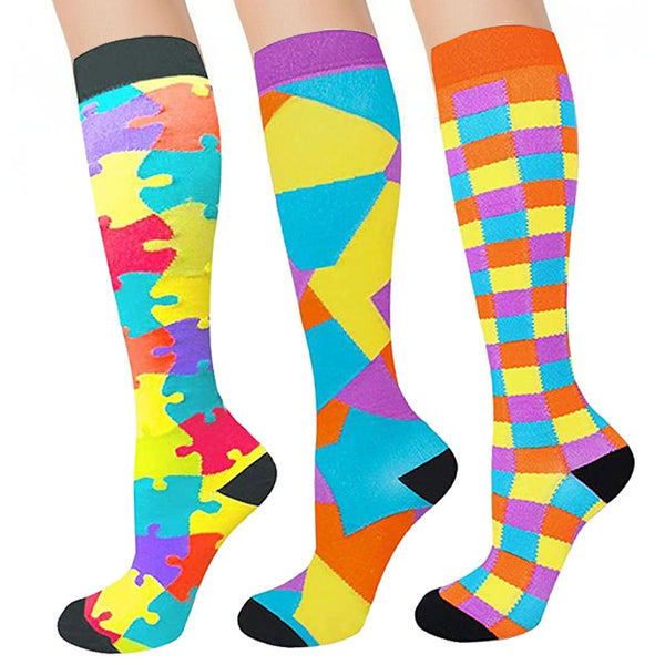 3 Pairs Compression Socks for Women & Men Travel Flight Socks Colorful Knee-High Support Recovery