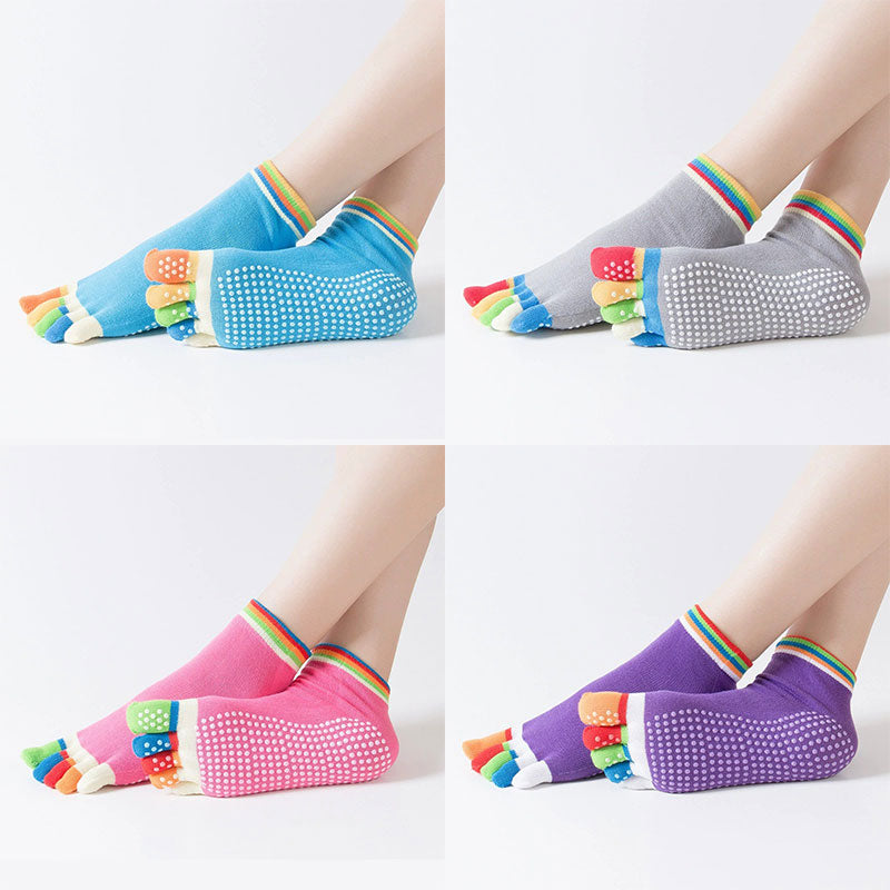 4 Pairs Women Antislip Ankle Grip Colorful 5 Toe Finger Cotton Yoga Socks