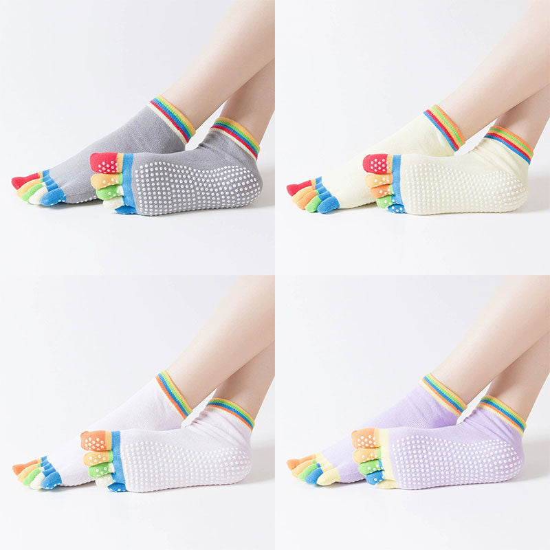 4 Pairs Women Antislip Ankle Grip Colorful 5 Toe Finger Cotton Yoga Socks