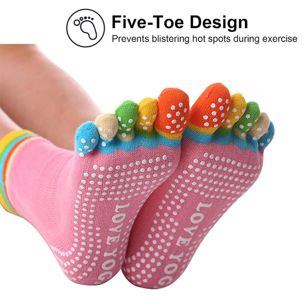 4 Pairs Women Antislip Ankle Grip Colorful 5 Toe Finger Cotton Yoga Socks