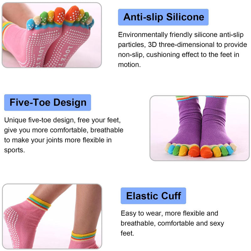 4 Pairs Women Antislip Ankle Grip Colorful 5 Toe Finger Cotton Yoga Socks