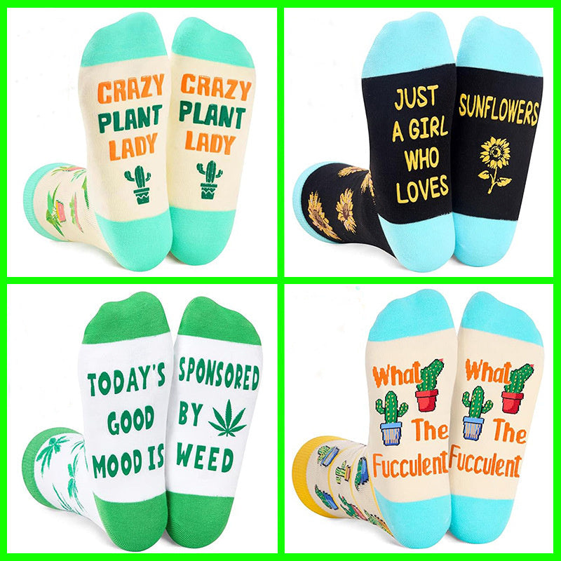 Funny Plant Cactus Sunflower & Pot Leaf Illustrations Socks for Women & Men