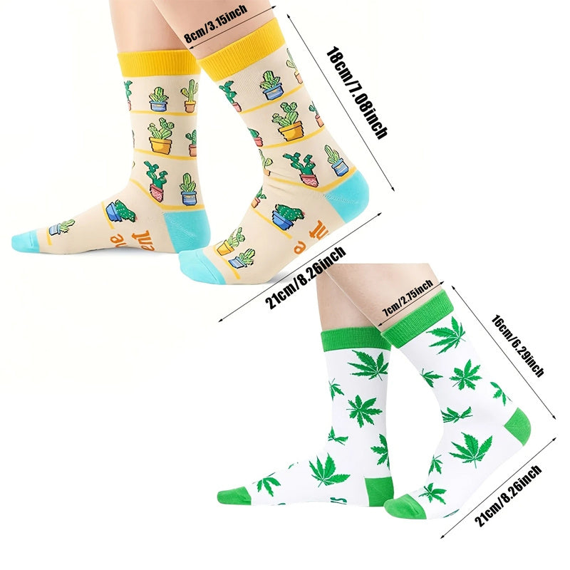 Funny Plant Cactus Sunflower & Pot Leaf Illustrations Socks for Women & Men
