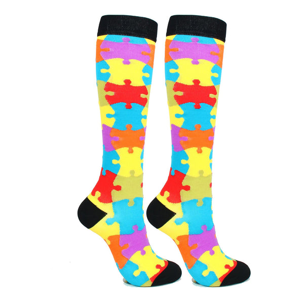 Knee High Compression Socks for Women & Men – Puzzle Pattern Sports Nylon Stockings for Travel, Flight, Hiking & Outdoor Use