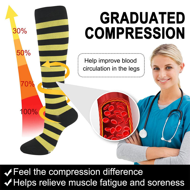 Knee High Compression Socks for Women & Men – Red Stripe Pattern Sports Nylon Stockings for Hiking, Outdoor & Recovery