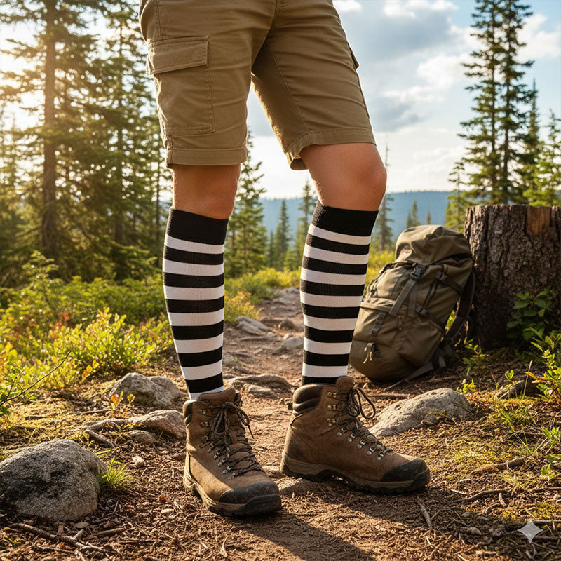 Knee High Compression Socks for Women & Men – Red Stripe Pattern Sports Nylon Stockings for Hiking, Outdoor & Recovery