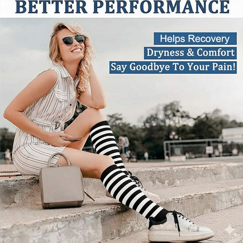 Knee High Compression Socks for Women & Men – Red Stripe Pattern Sports Nylon Stockings for Hiking, Outdoor & Recovery