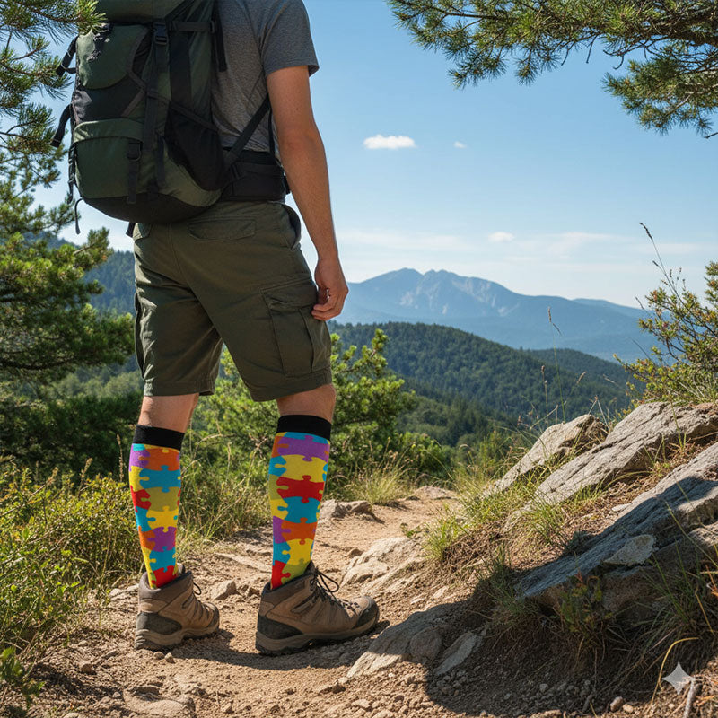 Knee High Compression Socks for Women & Men – Puzzle Pattern Sports Nylon Stockings for Travel, Flight, Hiking & Outdoor Use