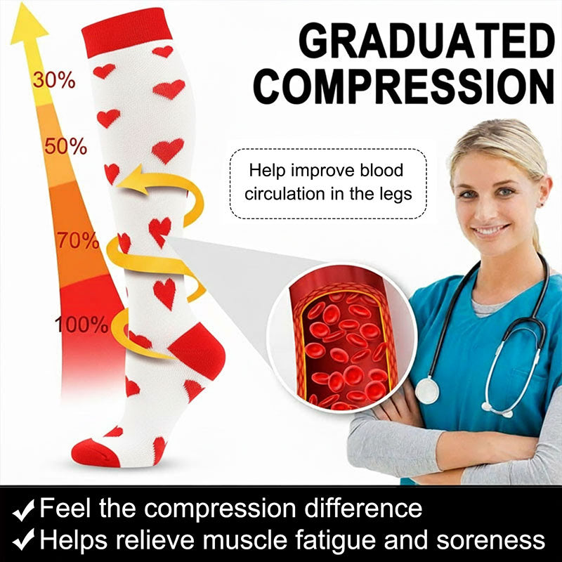 Knee High Compression Socks for Women & Men – Heart Pattern Sports Nylon Stockings for Pregnancy, Maternity & Recovery