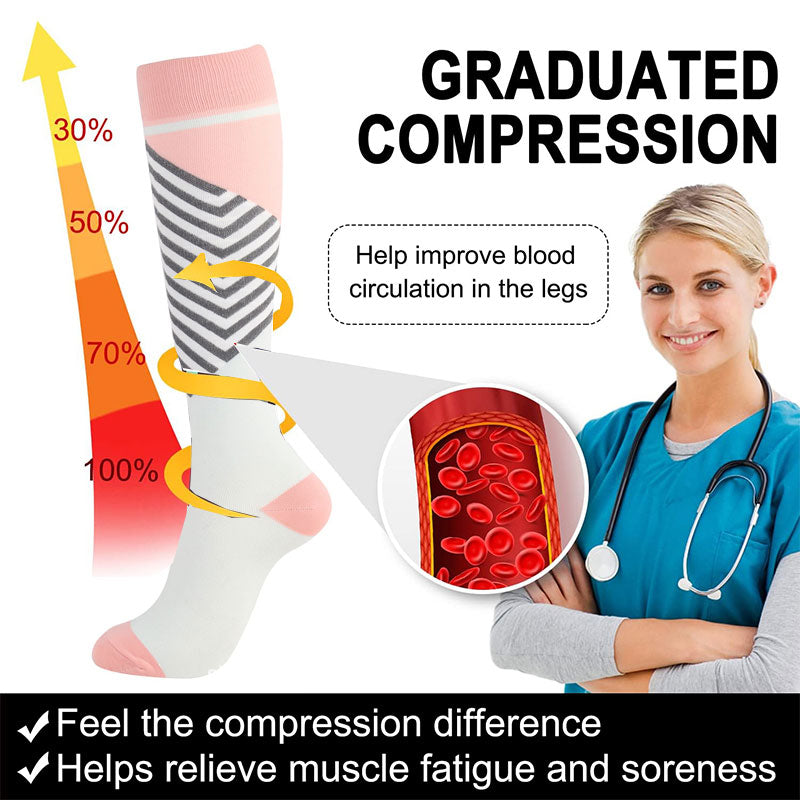 Knee High Compression Socks for Women & Men – Stripe Print Sports Nylon Stockings for Running & Cycling